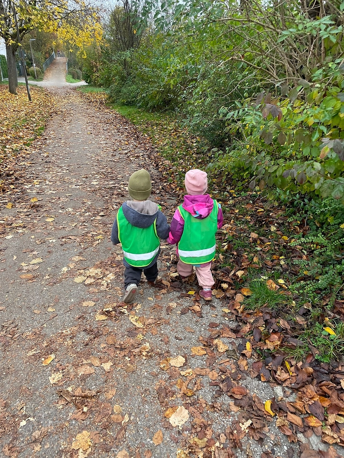 Tagesmütter Augsburg-Land e.V. - Kita-Trägerverband - Zwei Kleinkinder in grünen Warnwesten laufen Hand in Hand einen laubbedeckten Pfad entlang.
